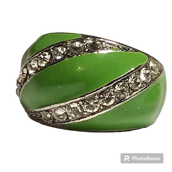 Vintage Green Enamel Cocktail Ring Silver Plated Crystal Rhinestone Size 7 Boho - Picture 4 of 12